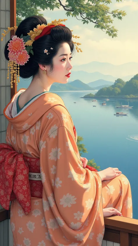 high resolution images 、 Oil ( 美しい 目 detailsなdetails、 detailsを見てください, multi-colored hair) 、Kimono that looks like a yukata 、 Woman looking at the lake outside the window 、 high resolution images 、  The Beauty of Kimonos  、 顔の details 、 masterpiece 、 Highes...