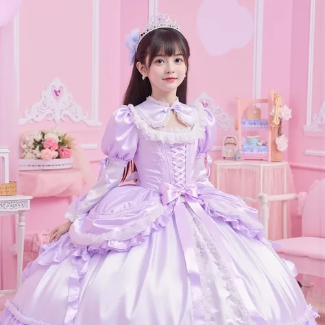 The princess's girl,((10 year old little girl)),,Small Faces,Full Body,long hair,Large Ball Gown Dress in Pastel Colors,Large hoop skirt ,((long sleeve)),puff sleeve,ruffle sleeve,Ruffle Yoke Collar,large yoke collar,lace up corset with ribbon,princess tia...