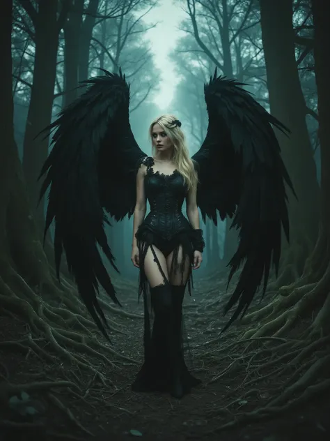A woman with blonde hair stands confidently in a mystical forest, framed by ancient trees whose roots twist and intertwine beneath her feet. She is adorned in a dark, intricate outfit that combines leather and lace, featuring a corset-style top and matchin...