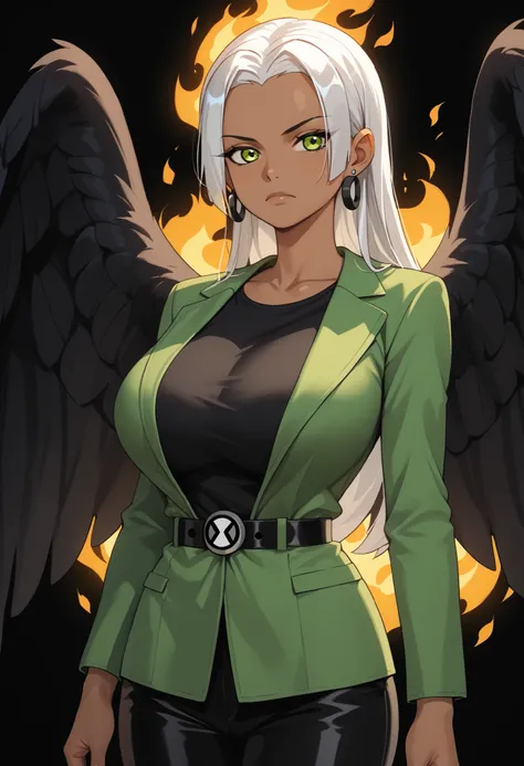masterpiece, ultra-high quality, professionally detailed, professionally shaded, long hair, white hair, dark skin, green eyes, black wings,big wings, Big wings, huge breasts. sundress, suit, green suit, pants, black pants, upper body, fire, fire in back, f...