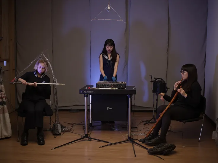 Soundproof music studio、rehearsal scene of a band of three high school girls。In the center, a long-haired dark-haired girl in a sailor suit moves her hands delicately toward Theremin、manipulating sound in the air。on the left side, a short bob-cut girl clos...