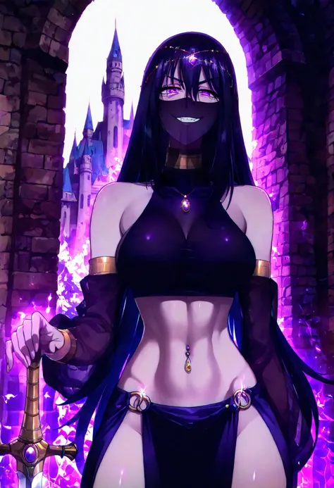 masterpiece, best quality, amazing quality, very aesthetic, absurdres, newest, scenery, 1girl, solo, long hair, black hair, purple eyes, circlet, hair between eyes, arabian clothes, gold choker, turtleneck, covered collarbone, bare shoulders, black crop ...