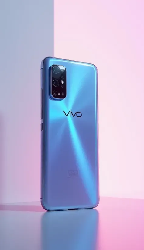 "Photorealistic DSLR shot of Vivo smartphone, glossy glass back with dual camera lenses reflecting light, slim modern design, soft pastel gradient background, realistic shadows, cinematic studio lighting, HDR details, ultra sharp focus, 8K lifelike quality...