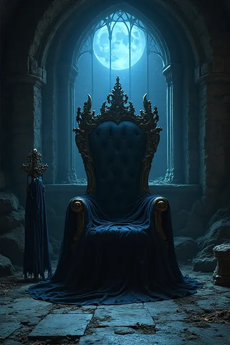 No , , the throne should stand in a dilapidated castle. there's a crown next to her and a sword with a cloak. the moon in the window is blue, and just on the floor there's a shadow of a person. also, the smallest sad fairy should sit on the back of the thr...