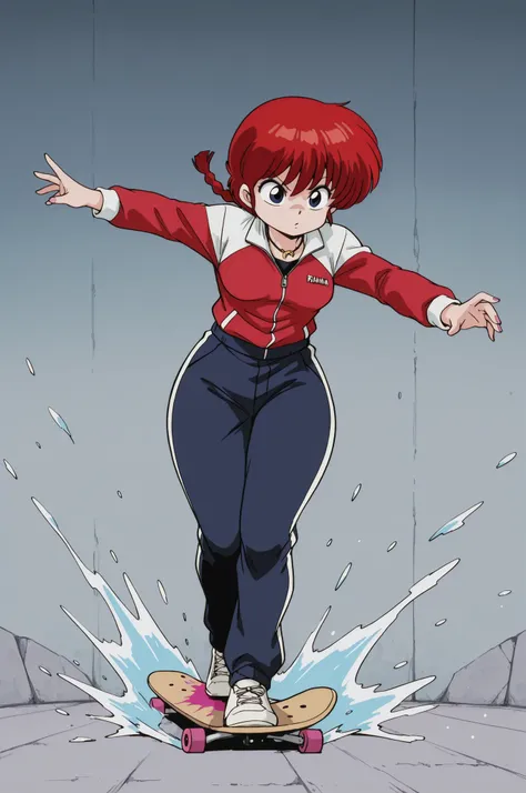 Ranma Saotome. red hair. blue eyes. braid. small breasts. wide hips. necklace. black eyeliner. pink manicure. | A_style,Skateboarding action with splashing colors, extreme tricks, bold color splatters, concrete skatepark, comic - book - like shading, showc...