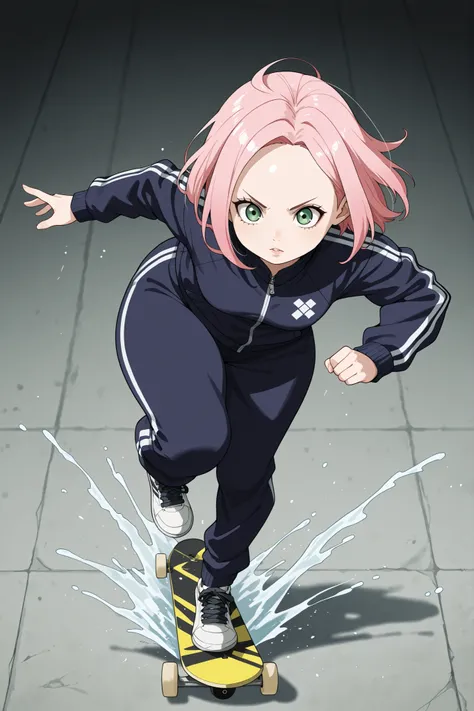 Sakura Haruno. small breasts, huge hips, pink hair, medium hair, light green eyes, thin lips, very fair skin, big forehead. | A_style,Skateboarding action with splashing colors, extreme tricks, bold color splatters, concrete skatepark, comic - book - like ...