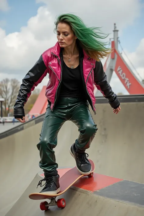 A 34 year old rebellious woman with a streak of green in her hair wears a pink and black leather jacket with black and green leather pants, she rides atop a skateboard down a half pipe ramp, she demonstrates astute ability balancing on top of the red skate...