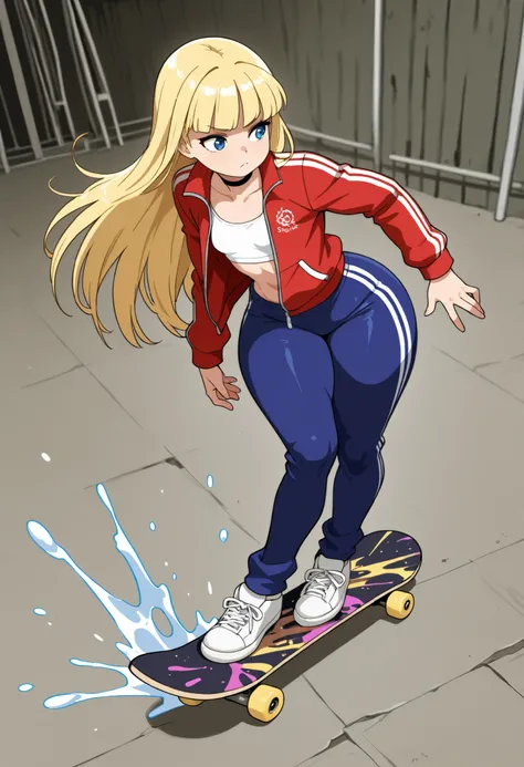 Pacifica Northwest, flat breasts, flat chest, skinny, huge hips, long hair, blonde hair, choker ,| A_style,Skateboarding action with splashing colors, extreme tricks, bold color splatters, concrete skatepark, comic - book - like shading, showcasing athleti...