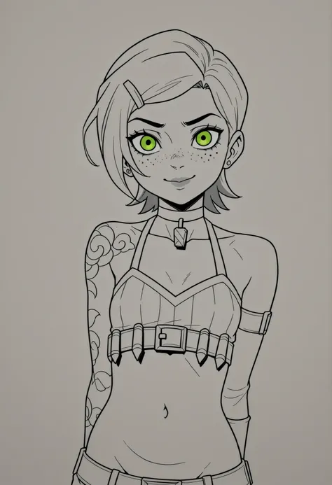 Gwen Tennyson . ginger . short hair . green eyes . small breasts, medium hips . chubby body . choker . |  shoulder tattoo, jinx (league of legends), clothing cutout, freckles, beautiful eyes, detailed face, looking at viewer, dynamic composition, yandere e...