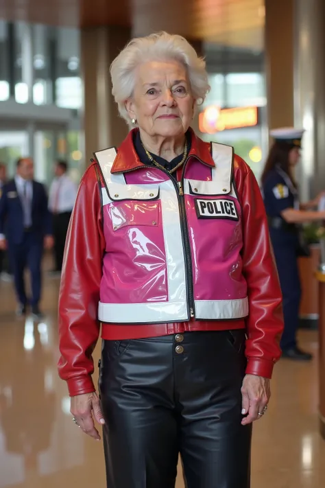 An 84 year old elderly woman wears a pink and white vinyl patrol vest with translucent vinyl over her chest and shoulders, 50% transparency, wearing a red leather jacket, wearing black leather jeans with silver and gold zippers, standing in a futuristic ho...