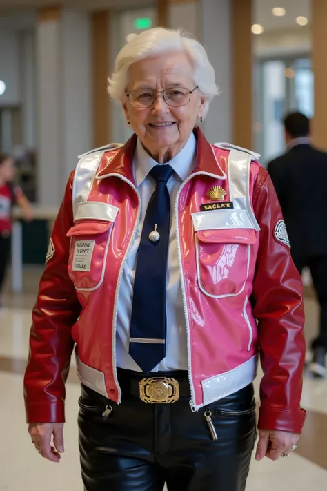 An 84 year old elderly woman wears a pink and white vinyl patrol vest with translucent vinyl over her chest and shoulders, 50% transparency, wearing a red leather jacket, wearing black leather jeans with silver and gold zippers, standing in a futuristic ho...