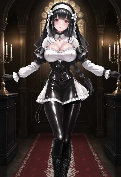  masterpiece, the best quality, muy estético, approach, 1girl, rabiane,  nun's veil skirt, Alone, standing, dynamic pose, black high boots, thigh-high boots,  cchoker:1.6, buttoned shirt, (( Buttoned white buttoned shirt)), ((plain white long sleeve button...