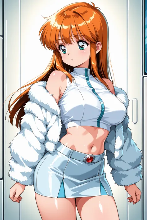 young short small little girl, long hair, straight hair, large breasts, (futuristic clothes, white crop_top, skirt, modern fur jacket), retro pc-engine visual novel style 