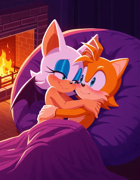 indoors, dark room, fireplace, from above, sonic (series), sonicchann3l, sonic (series), 1girl, 1boy, rouge the bat, nude, orange fur, bat wings, cuddling, heads together, bean bag chair, hug, looking at another, blush, smile, on side, lying, cheek-to-che...