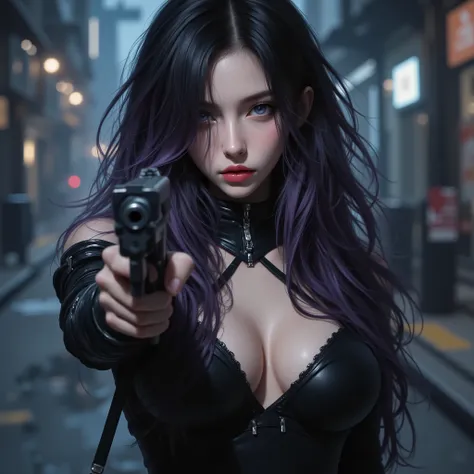Photo Real、Realistic Skin Texture、gun、extremely tight cyberpunk suit、beautiful long hair、dim cyberpunk city、Beautiful pale violet eyes、Black hair with slightly purple tips、gun口をカメラに向けて