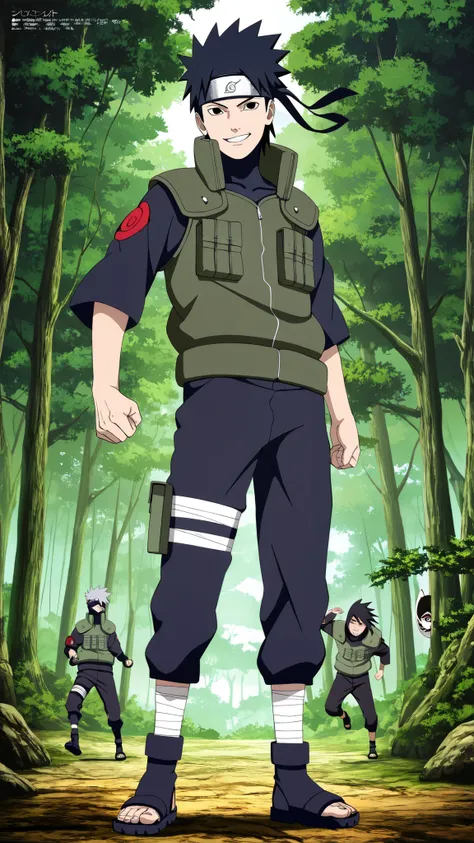 1 boy,(Wearing a white Kabuki mask), anime characters in green vests and black pants standing in a forest, itatchi uchiha, kakashi hatake, kakashi, sasuke uchiha, choke smirk smile grin, itachi uchiha, itachi, detailed anime, highley detailled face, akatsu...