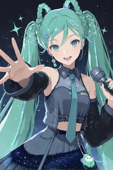 mm25miku,hatsune miku,1girl, microphone, solo, twintails, detached sleeves, necktie, holding, long hair, holding microphone, shirt, open mouth, looking at viewer, reaching towards viewer, sleeveless, smile, reaching, sleeveless shirt, skirt, black sleeves,...