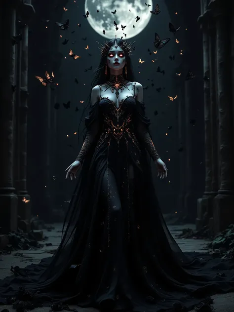 a stunning goddess of darkness and shadow, embodying the seductive dangers of the night, ethereal pale skin with a luminous glow against pitch-black surroundings, adorned with intricate jewelry made of obsidian and starlight, flowing black diaphanous gown ...