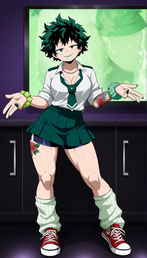 ((Highest Quality)), ((Karaoke background)), (My Hero Academia Style), (by day), 1female, female, medium Breast, thighs, hips, thick shins, solo, Athletic body, tall, standing, (Full Body), Midoriya Izuku, gender bender, half-closed eyes, green eyes, very ...