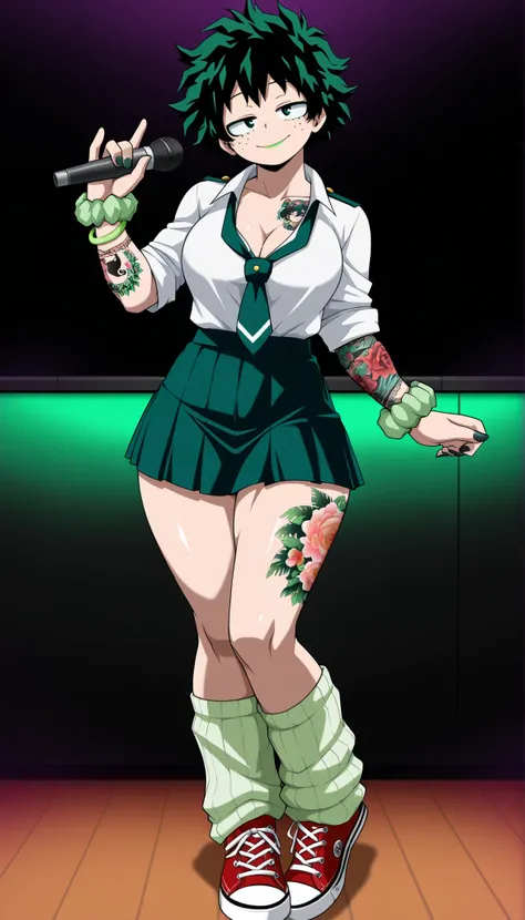 ((Highest Quality)), ((Karaoke background)), (My Hero Academia Style), (by day), 1female, female, medium Breast, thighs, hips, thick shins, solo, Athletic body, tall, standing, (Full Body), Midoriya Izuku, gender bender, half-closed eyes, green eyes, very ...