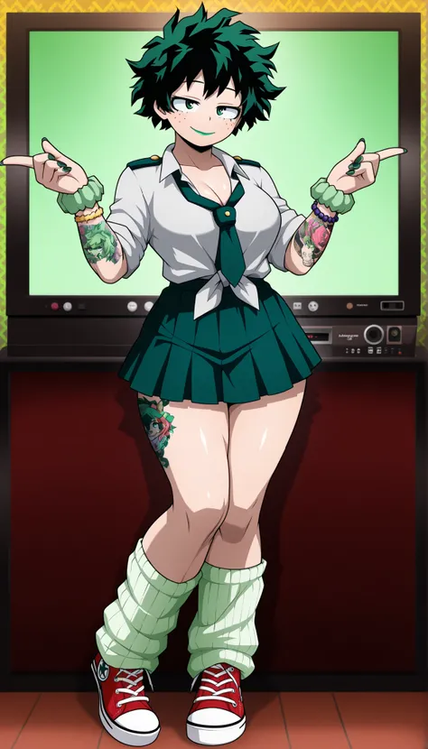((Highest Quality)), ((Karaoke background)), (My Hero Academia Style), (by day), 1female, female, medium Breast, thighs, hips, thick shins, solo, Athletic body, tall, standing, (Full Body), Midoriya Izuku, gender bender, half-closed eyes, green eyes, very ...