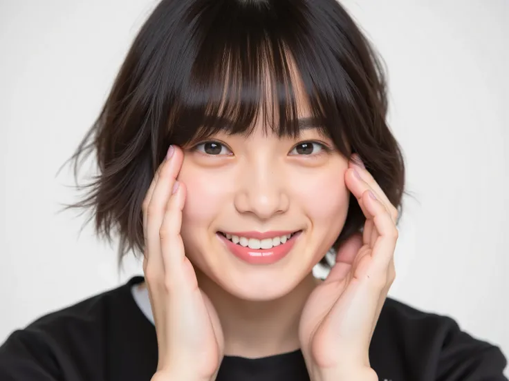 (Refined from an old photo, recreated in a modern, ultra high-quality photorealistic style, with a trendy Reiwa-era hairstyle: soft semi-long hair with natural waves and airy see-through bangs), 

Ultra photorealistic close-up portrait of a beautiful Japan...