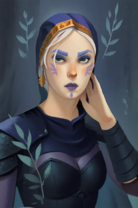 dkri style, hyper detailed gouache portrait of 1girl, black eyes, d2drwdef, white hair, hair over one eyes, blue eyes, purple lips, facial mark, colored skin,hood up, shoulder armor, cape, cleavage, leotard, vambraces, greaves, painterly illustration, goua...