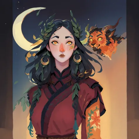 fantasy art portrait of 1girl, digital painting, hand-painted gouache illustration, warm orange and golden color palette, smooth painterly brushstrokes, stylized yet semi-realistic proportions, expressive eyes, bold eyebrows, flowing black hair decorated w...