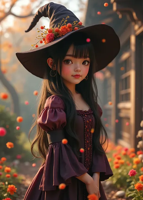 Realistic、Cute Japanese cat girl、 Fairyland 、 a Halloween witch cosplay 、Witch Hat、a cute woman in a Halloween dress、has sexual appeal、in an old medieval house、big colorful candy is falling in the garden、3D,high image quality、realistic、Cinematic Lighting...