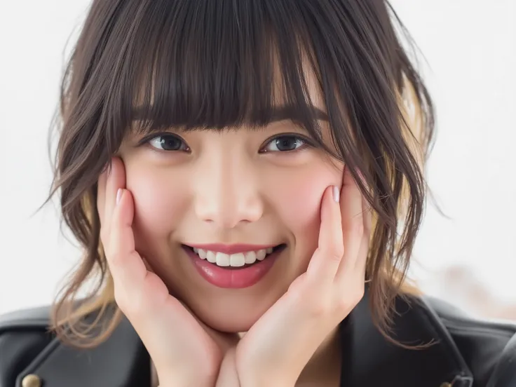 (Refined from an old photo, recreated in a modern, ultra high-quality photorealistic style, with a trendy Reiwa-era hairstyle: soft semi-long hair with natural waves and airy see-through bangs), 

Ultra photorealistic close-up portrait of a beautiful Japan...