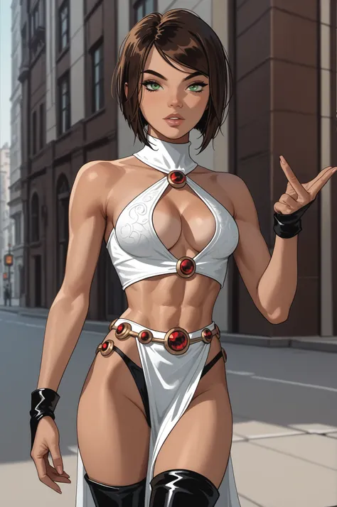 1girl, Raven,lana, 1girl, green eyes, brown hair, tomboy hair, short hair, pixie cut hairstyle, breasts, (dark skin), thigh boots,

Score 9, Score 8, Score 7, Score 6, Masterpiece.

solo, feminine, ((sexy)), cleavage, slim, slim waist, toned, revealing, th...