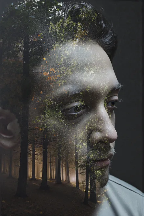 Masterpiece Photorealistic double exposure in the style of Jerry Welsman: the silhouette of a man with a high mohawk decisively opens the floors of his long cloak with both hands right in front of the viewer, demonstratively revealing his essence. Three di...