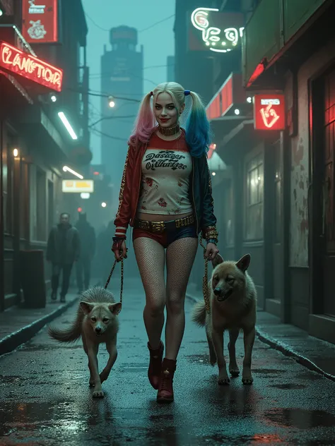 Harley Quinn walking around Gotham with her pet hyena 