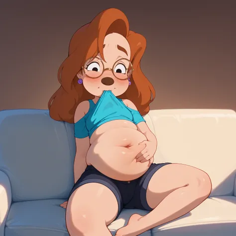 , (1 girl burping and blushing and bloated), (shirt too small for belly:1.3), () (1girl poking her belly:1.2), (),, () (roxanne, 1girl, brown hair, long hair, solo, earrings, black eyes, angled eyes slanted eye shape, round glasses, colorful short shorts a...