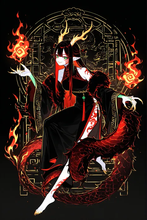 (xxx667_illu,dragon_hybrid,) Girl is golden-red dragon Lúng ,she is hybrid of Eastern dragon. She has a sporty feminine bodybuilding. Her face has asian features. She has green jade narrow eyes. She has a pale skin covered with golden-red scales. Her scaly...