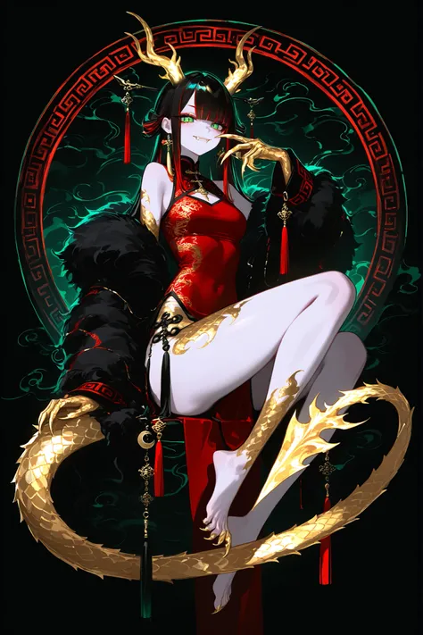 (xxx667_illu,dragon_hybrid,) Girl is golden-red dragon Lúng ,she is hybrid of Eastern dragon. She has a sporty feminine bodybuilding. Her face has asian features. She has green jade narrow eyes. She has a pale skin covered with golden-red scales. Her scaly...