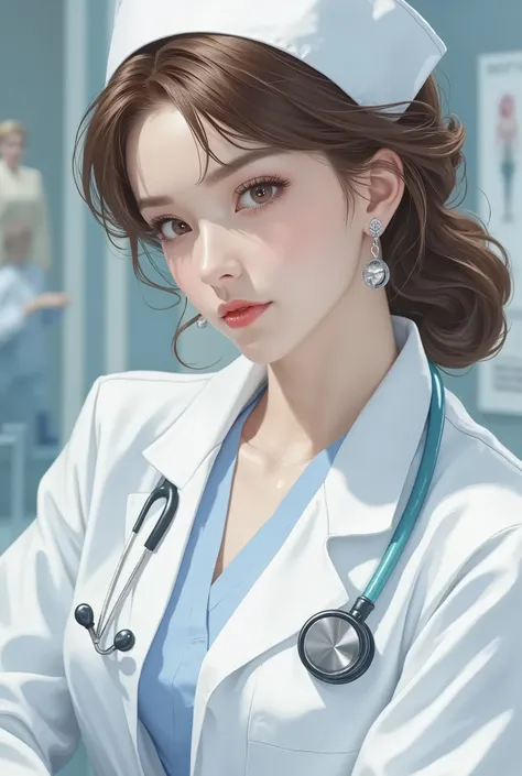 (Masterpiece, Highest Quality: 1.1)
Hospital, examination room, mature doctor in white doctor's coat, female doctor

{Brown hair, brown eyes, large breasts: 1.5, oily skin, saggy breasts: 1.3}

Nurse's cap, stethoscope: 1.2

High angle,
