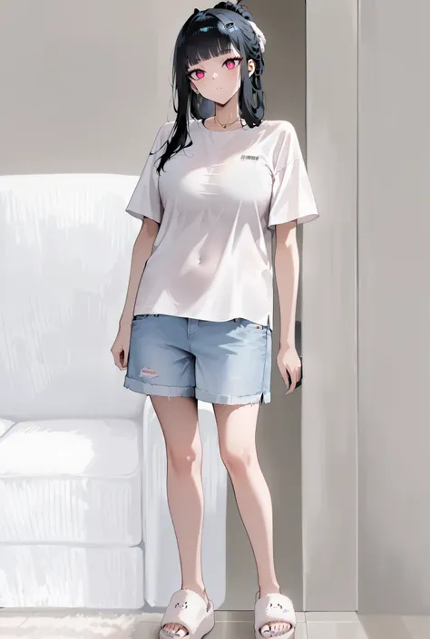 D: Killer Wife - Nikke, White Oversize T-shirt, Blue Denim Pants