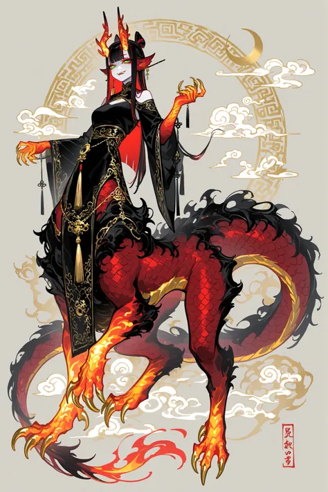(xxx667_illu,dragon taur, centauroid, monster girl,) Girl is golden-red dragon Lúng ,she is hybrid of Eastern dragon. She has a sporty feminine bodybuilding. Her face has asian features. She has green jade narrow eyes. She has a pale skin covered with gold...