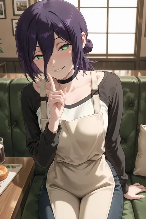 masterpiece, best quality, absolutely absurdres, very aaesthetic, newest, very awa, masterpiece, best quality, absolutely absurdres, very aaesthetic, newest, anime screencap, solo,reze, chainsaw man, navy hair, green eyes,black choker, purple hair, choker,...