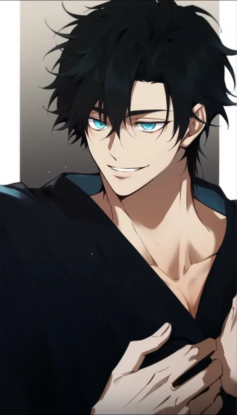 A guy with black hair and medium size, very disheveled hair,  with messy threads , long fringe that slightly covers one of his eyes. He has light blue eyes and fair skin. black clothes and a wide and mischievous smile, his hands are raised in front of his ...