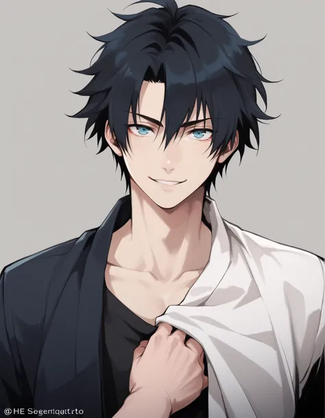 A guy with black hair and medium size, very disheveled hair,  with messy threads , long fringe that slightly covers one of his eyes. He has light blue eyes and fair skin. black clothes and a wide and mischievous smile, his hands are raised in front of his ...