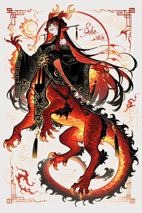 (dragon taur, centauroid, monster girl,) Girl is golden-red dragon Lúng ,she is hybrid of Eastern dragon. She has a sporty feminine bodybuilding. Her face has asian features. She has green jade narrow eyes. She has a pale skin covered with golden-red scale...