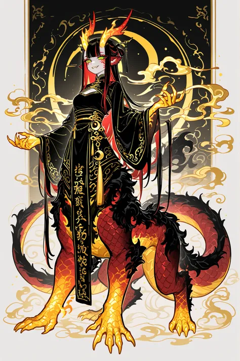 (dragon taur, centauroid, monster girl,) Girl is golden-red dragon Lúng ,she is hybrid of Eastern dragon. She has a sporty feminine bodybuilding. Her face has asian features. She has green jade narrow eyes. She has a pale skin covered with golden-red scale...