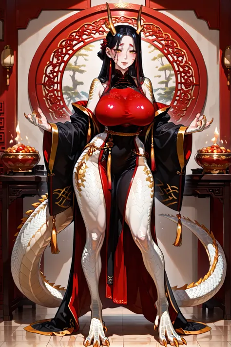 (longnv,ventral scale,) Girl is golden-red dragon Lúng ,she is hybrid of Eastern dragon. She has a sporty feminine bodybuilding. Her face has asian features. She has green jade narrow eyes. She has a pale skin covered with golden-red scales. Her scaly drag...
