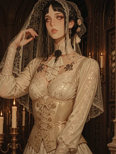 diva with full-body black ink tattoos of roses and skulls, dressed in elegant Victorian corset and lace veil, candlelit opera hall background, hauntingly beautiful, baroque style, intricate linework, ultra detailed illustration"