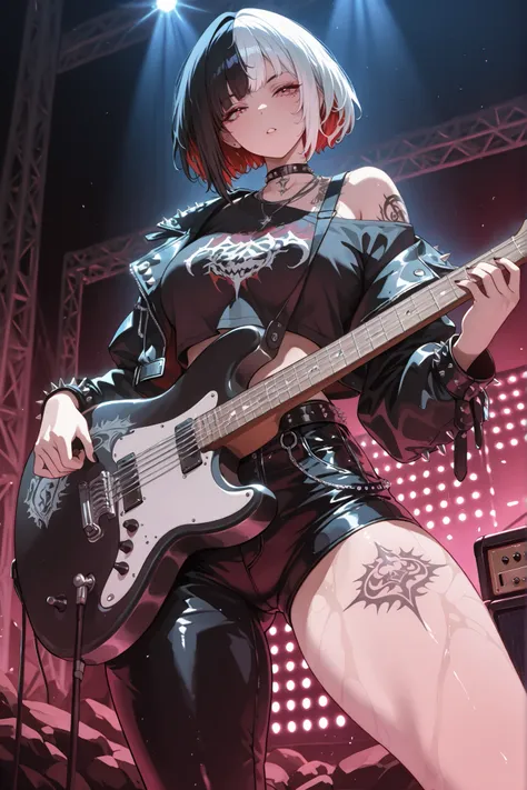 masterpiece, Highest Quality, great quality, very aesthetic, high resolution, super detailed, absurd, Newest,  solo, tattoo,rock singer,punk fashion,guitar,Split Tan,Two-tone Hair,Studs,leather,vocal,live stage,Cyber,
