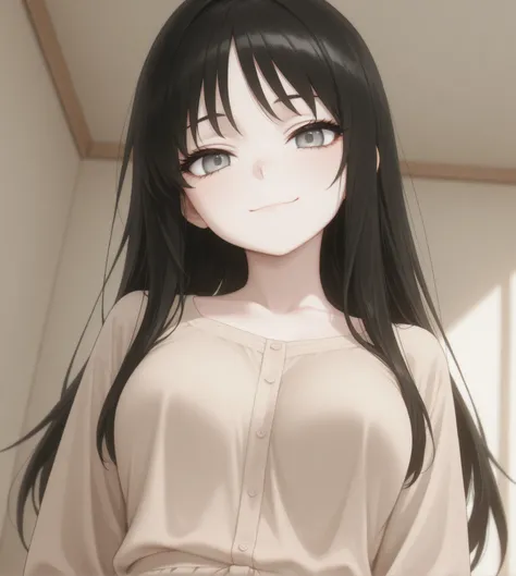 Masterpiece, Best Quality, Newest, Safe, Good Anatomy, Good Resolution, Good Lighting. Beautiful, Anime, Normal. Japanese girl, Teenager, Long Black Hair. Light Gray Eyes, Black Eyelashes. Fair Skin, Kind and Gentle Smile, Medium Breasts. She is 16 Years O...