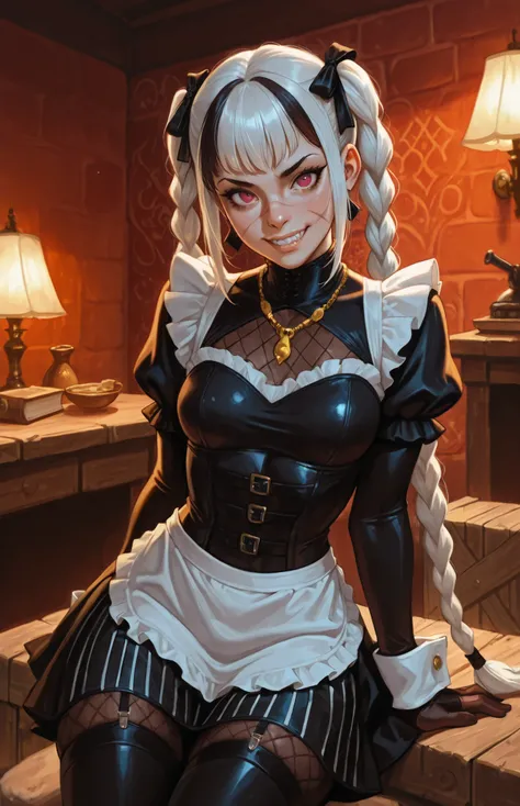 She looks like Elena from Street Fighter and has a horizontal scar across her nose. Inca girl with white and dark hair, deep red-coloured eyes, slanted Asian eyes, small sharp canine teeth, black eyeliner, athletic body and soft abs. Slender and athletic. ...