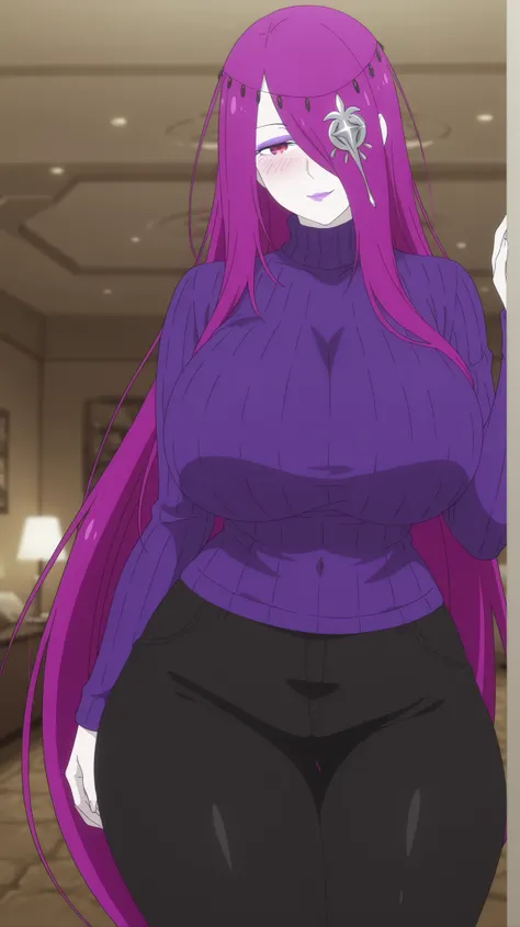 masterpiece, best quality, amazing quality, highres, absurdres, anime screencap, anime colouring, sekhmet, 1girl , adult female, milf, motherly, pale skin , long hair , purple hair , hair over one eye , red eyes , makeup, hair ornament, huge breasts, big b...